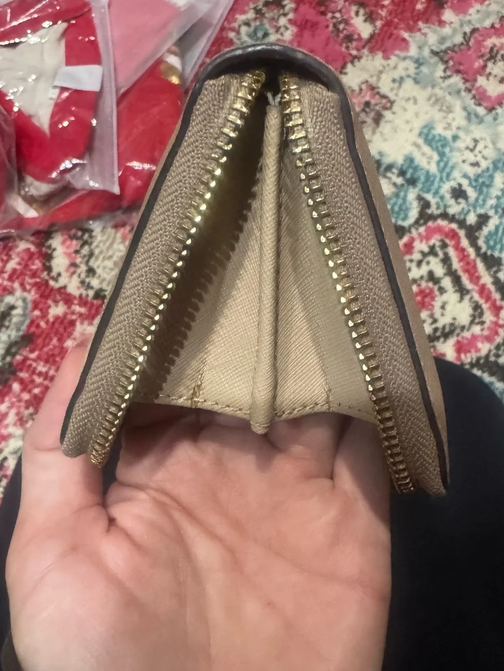 Tory Burch Two-Tone Leather Zip Wallet in Beige